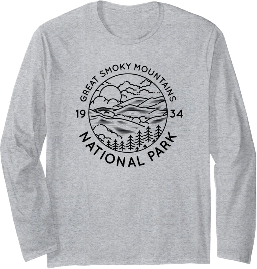 Great Smoky Mountains National Park Cool Black Line Art Long Sleeve T-Shirt - Adult Unisex Heather Grey
