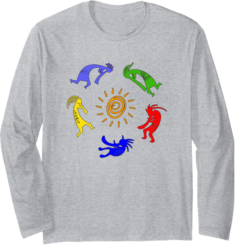 Kokopelli Colorful Sun Dancing Musicians Good Fortune Long Sleeve T-Shirt - Adult Unisex Heather Grey