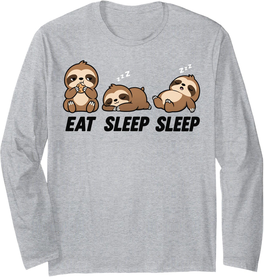 Eat Sleep Sleep Sloth Lover Funny Nap Time Cute Lazy Long Sleeve T-Shirt - Adult Unisex Heather Grey