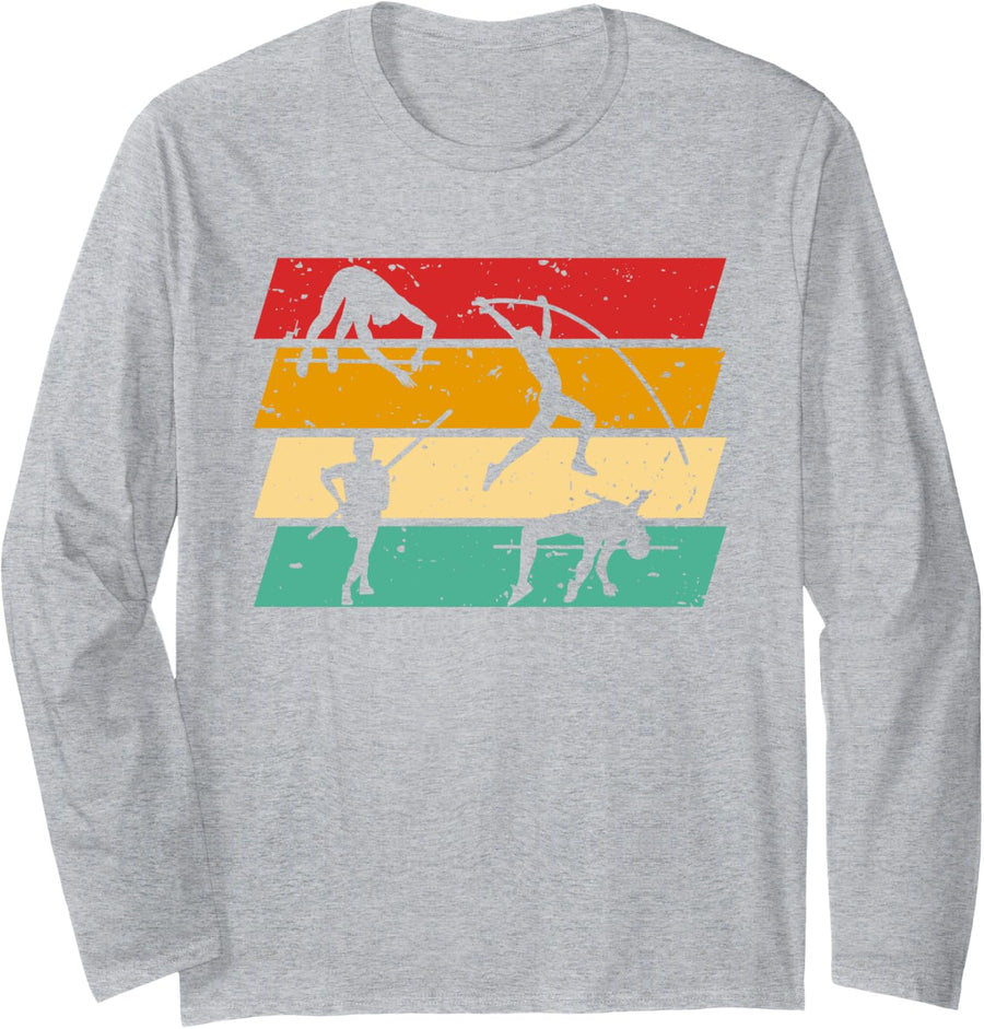 Vintage Retro Pole Vault Long Sleeve T-Shirt - Adult Unisex Heather Grey