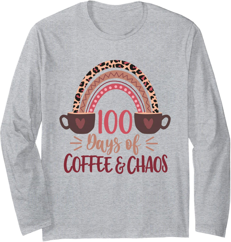 100 Days Of Coffee And Chaos 100th Day Of School Rainbow Long Sleeve T-Shirt - Adult Unisex Heather Grey