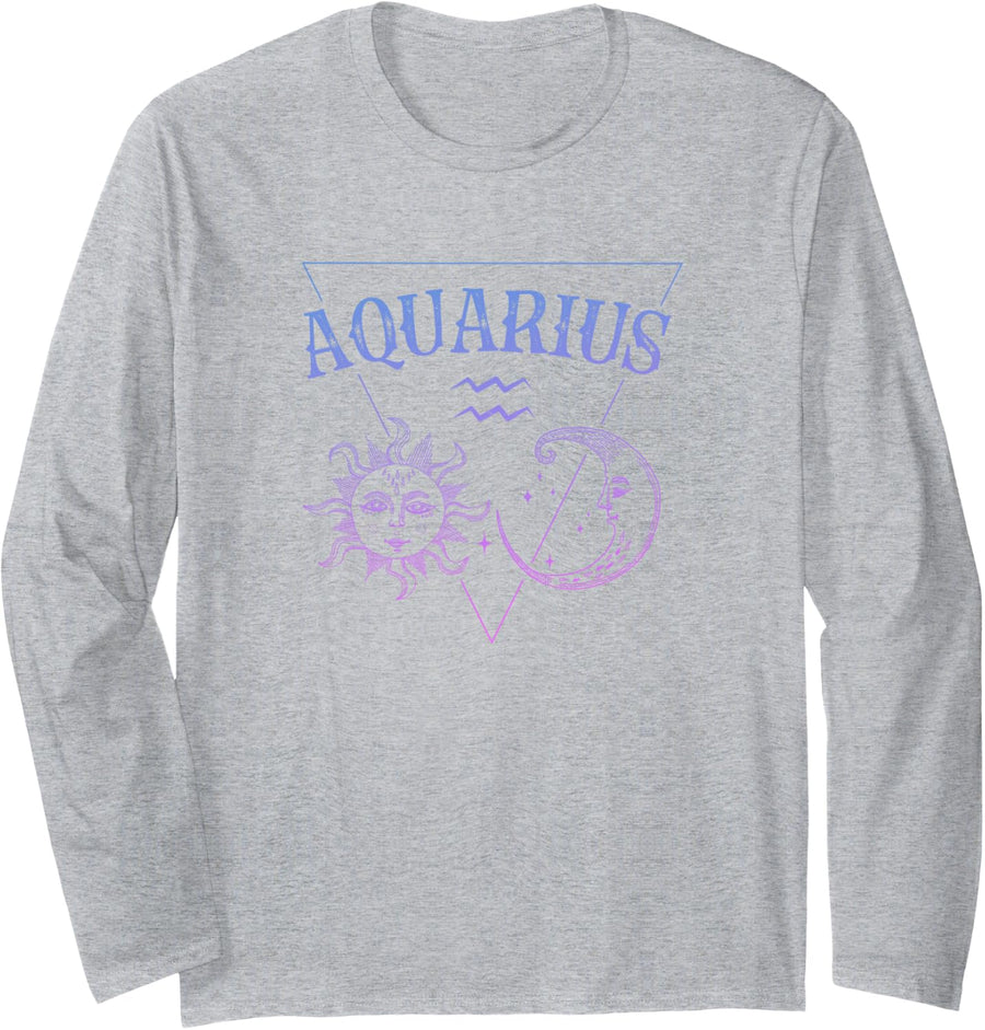 Aquarius Zodiac Symbol / Blue Sun & Moon Aquarius Birthday Long Sleeve T-Shirt - Adult Unisex Heather Grey