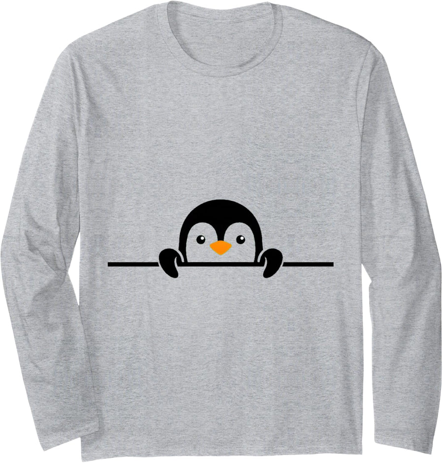 Peeking Penguin Cute Lover Funny Animal Peering Lamp Men Long Sleeve T-Shirt - Adult Unisex Heather Grey