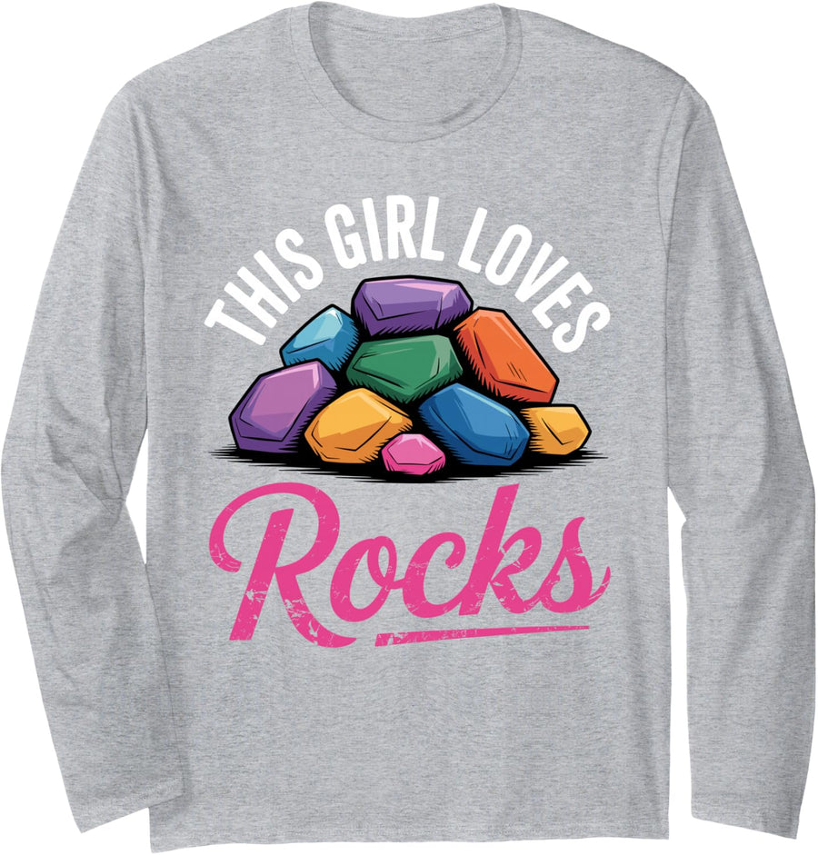 Rock Collecting Art for Girls Kids Women Geology Rockhound Long Sleeve T-Shirt - Adult Unisex Heather Grey