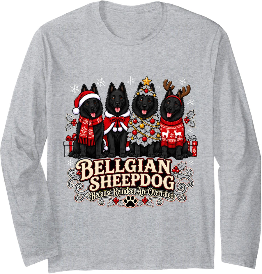 Belgian Sheepdog Christmas Holiday Celebration Long Sleeve T-Shirt - Adult Unisex Heather Grey
