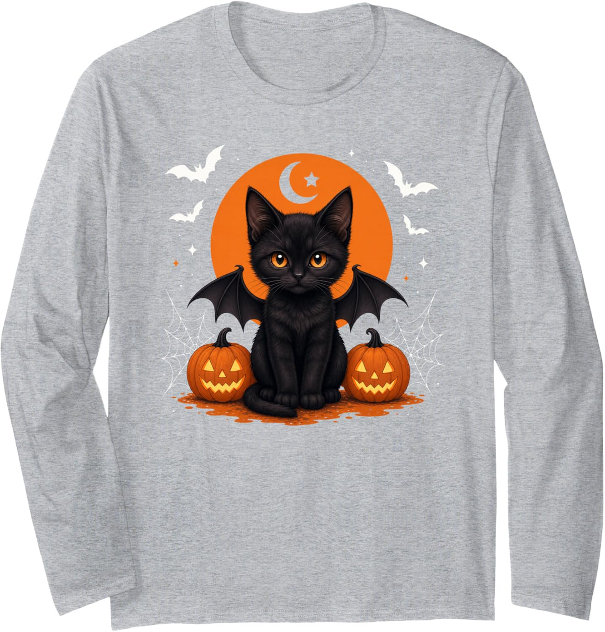 Spooky Season Black Cat Cute Halloween Jack O Lantern Kids Long Sleeve T-Shirt - Adult Unisex Heather Grey