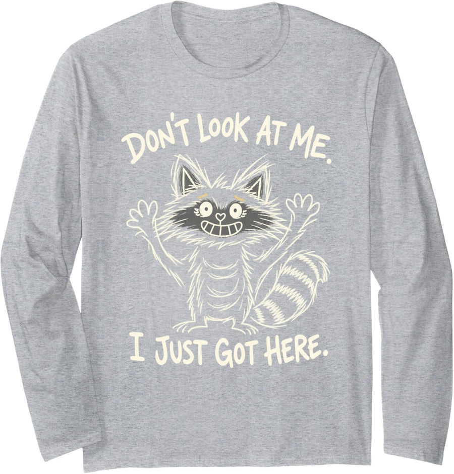 Line Art Raccoon Shrug Gift Don't Look At Me I Just Got Here Long Sleeve T-Shirt - Adult Unisex Heather Grey