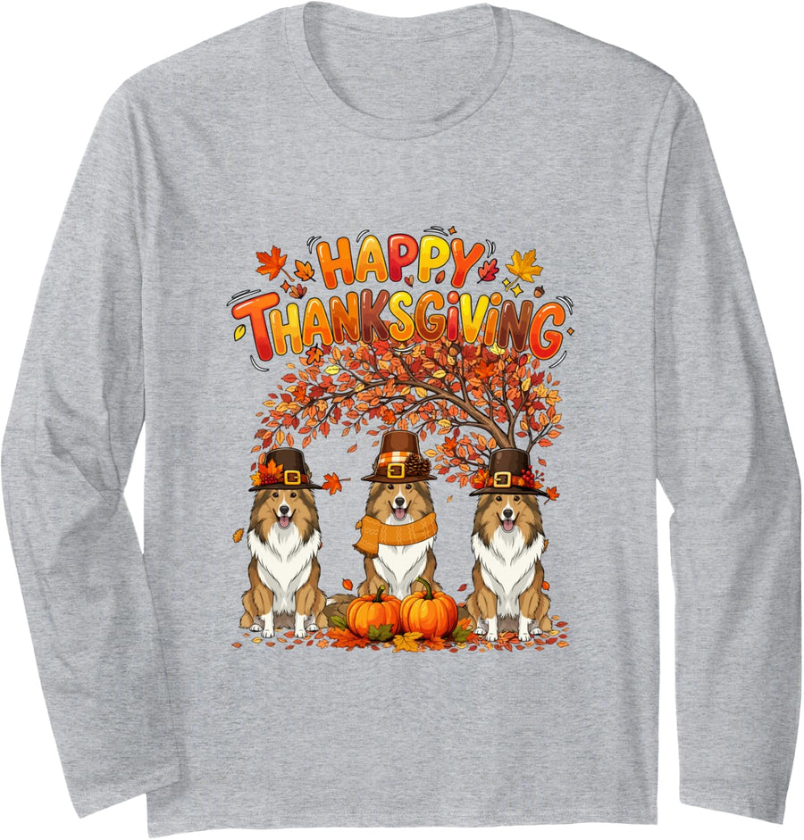 Three Cute Shetland Sheepdogs Thanksgiving Fall Tree Owner Long Sleeve T-Shirt - Adult Unisex Heather Grey