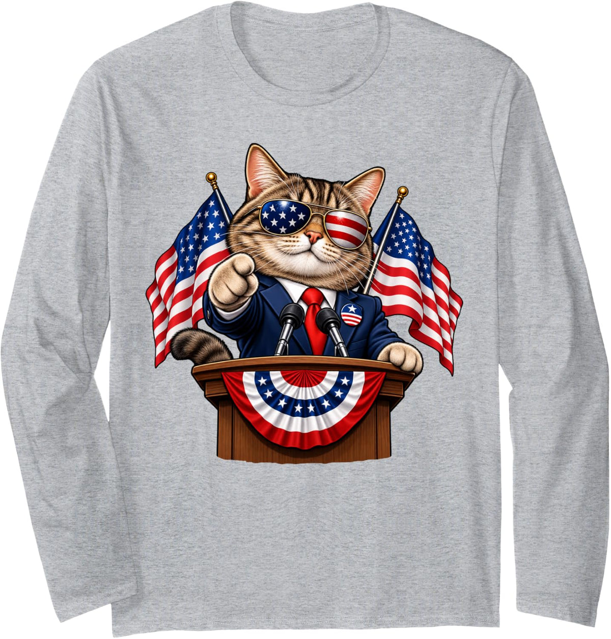 Patriotic Tabby Cat At Podium with American Flags and Tie Long Sleeve T-Shirt - Adult Unisex Heather Grey