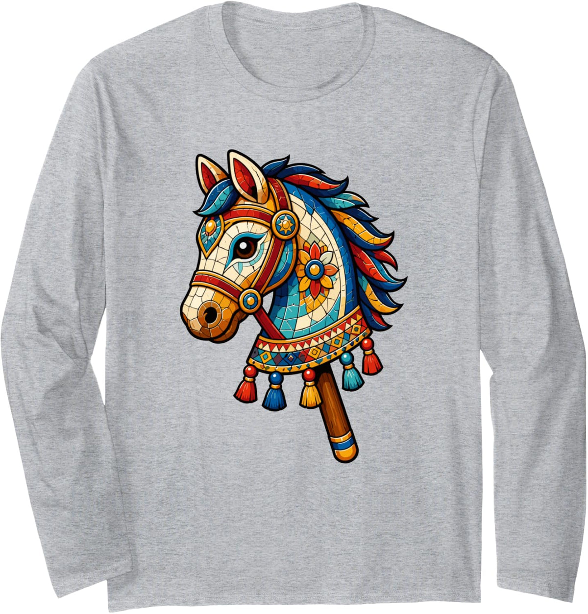 Decorated Horse Head Hobby Horse Equestrian Long Sleeve T-Shirt - Adult Unisex Heather Grey