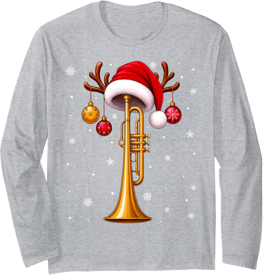 Trumpet Christmas Santa Hat Trumpet Music Lover Festive Xmas Long Sleeve T-Shirt - Adult Unisex Heather Grey