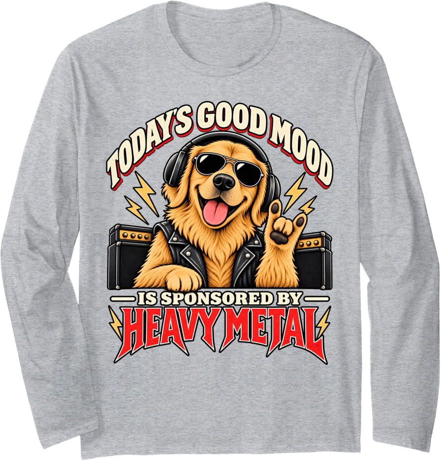Today's Good Mood Heavy Metal Dog Rock Music Humor Long Sleeve T-Shirt - Adult Unisex Heather Grey
