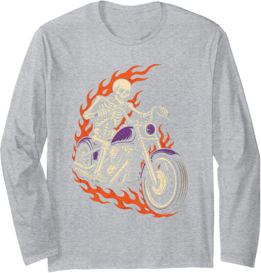Halloween Biker Skeleton Motorcycle Chopper Flames Vintage Long Sleeve T-Shirt - Adult Unisex Heather Grey