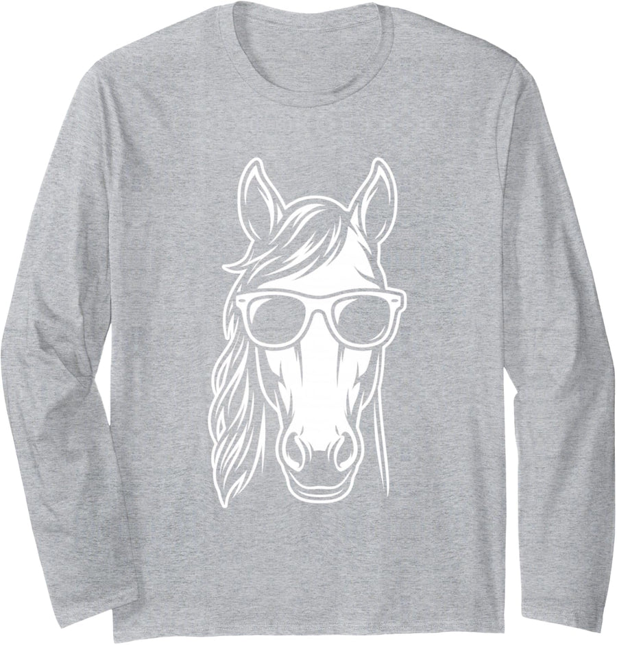 Horse with Sunglasses Funny Equestrian Farm Humor Long Sleeve T-Shirt - Adult Unisex Heather Grey