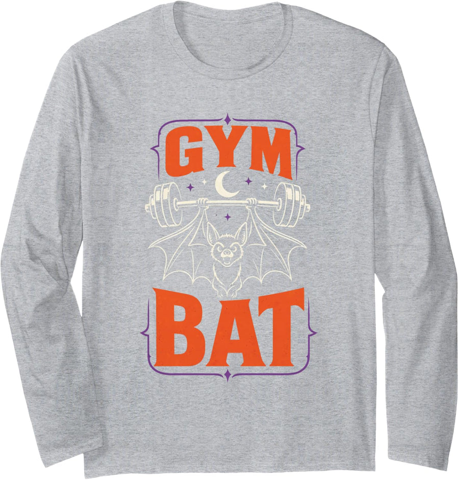 Halloween Gym Bat Funny Weightlifting Barbell Workout Pun Long Sleeve T-Shirt - Adult Unisex Heather Grey