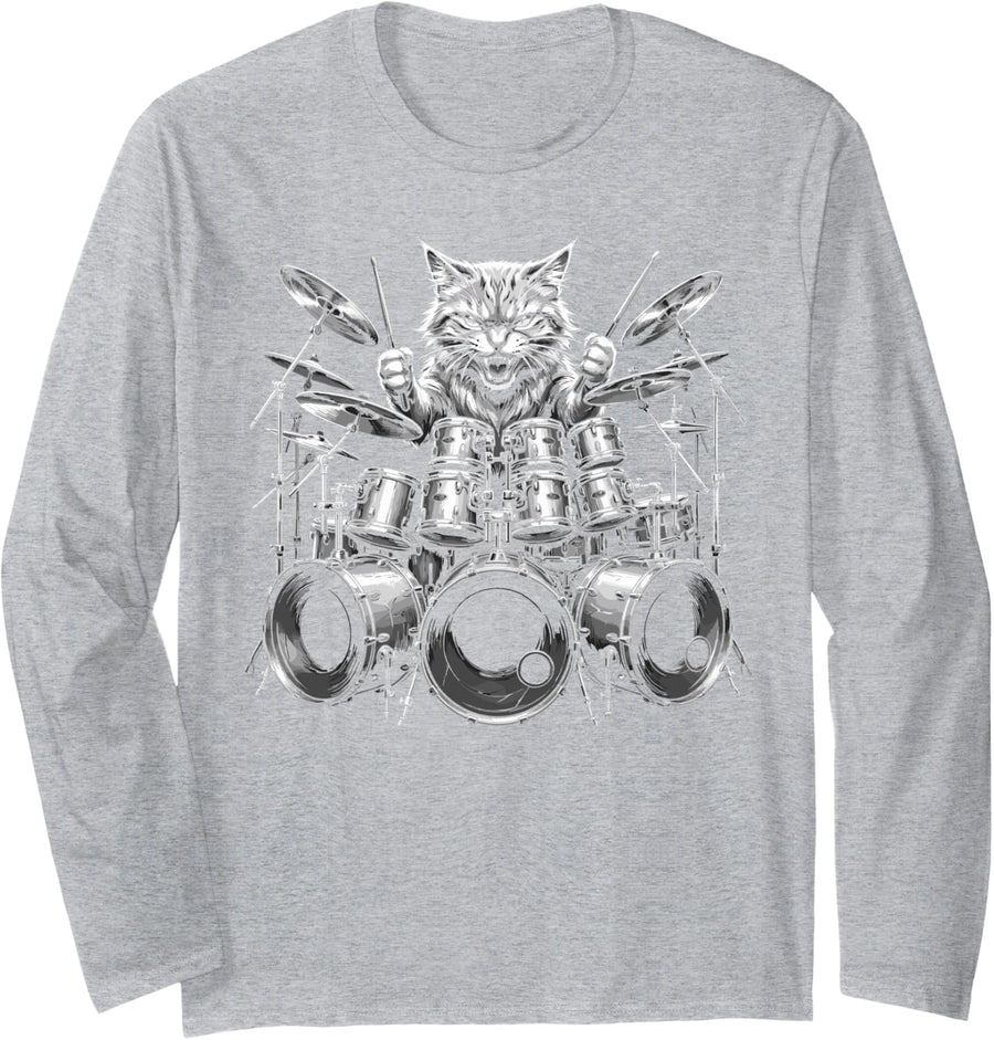 Vintage Cat Play Drums Drummer Musician Rock Music Band Tee Long Sleeve T-Shirt - Adult Unisex Heather Grey