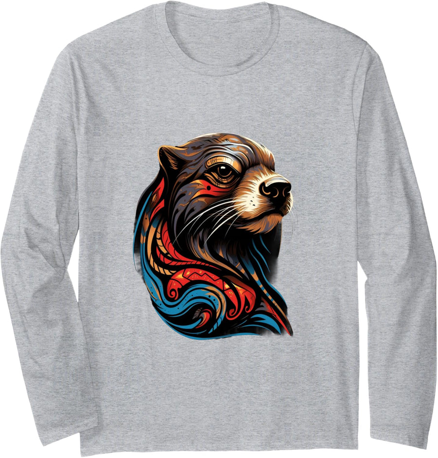 Otter Indian Tribes Art Indigenous Long Sleeve T-Shirt - Adult Unisex Heather Grey