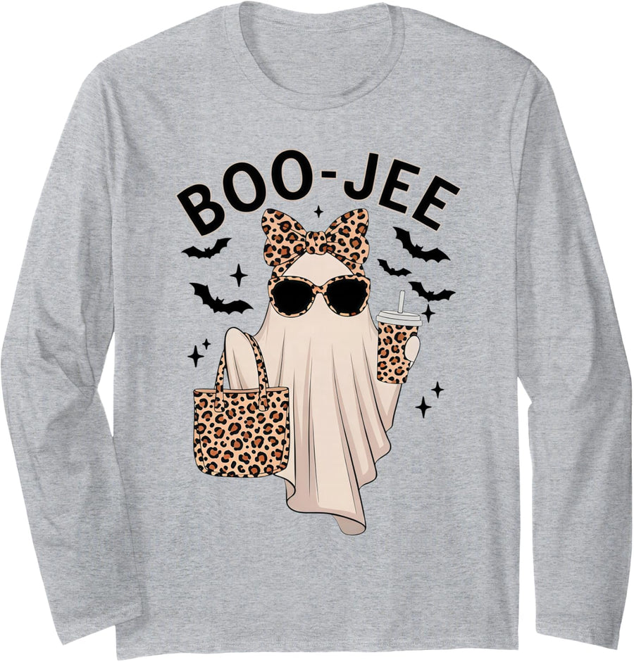 Coquette Leopard Ghost Coffee Boo-JEE Halloween Boujee Ghost Long Sleeve T-Shirt - Adult Unisex Heather Grey