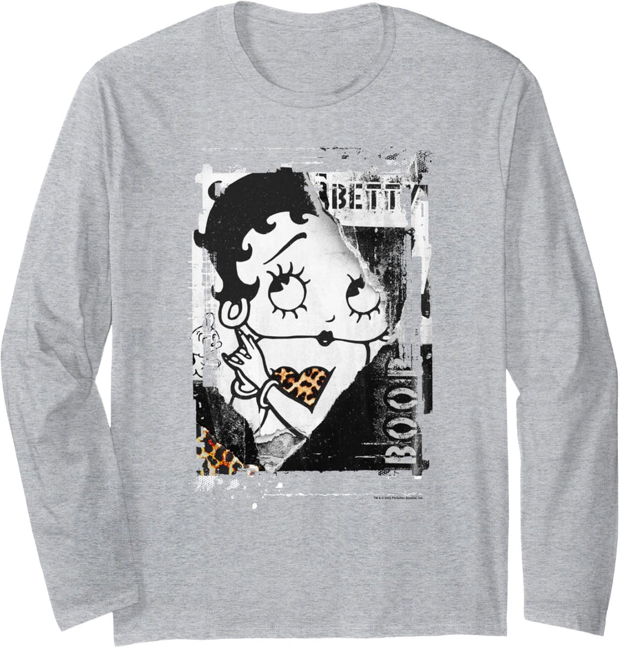 Betty Boop Distressed Punk Rock Vintage Stamp Poster Design Long Sleeve T-Shirt - Adult Unisex Heather Grey