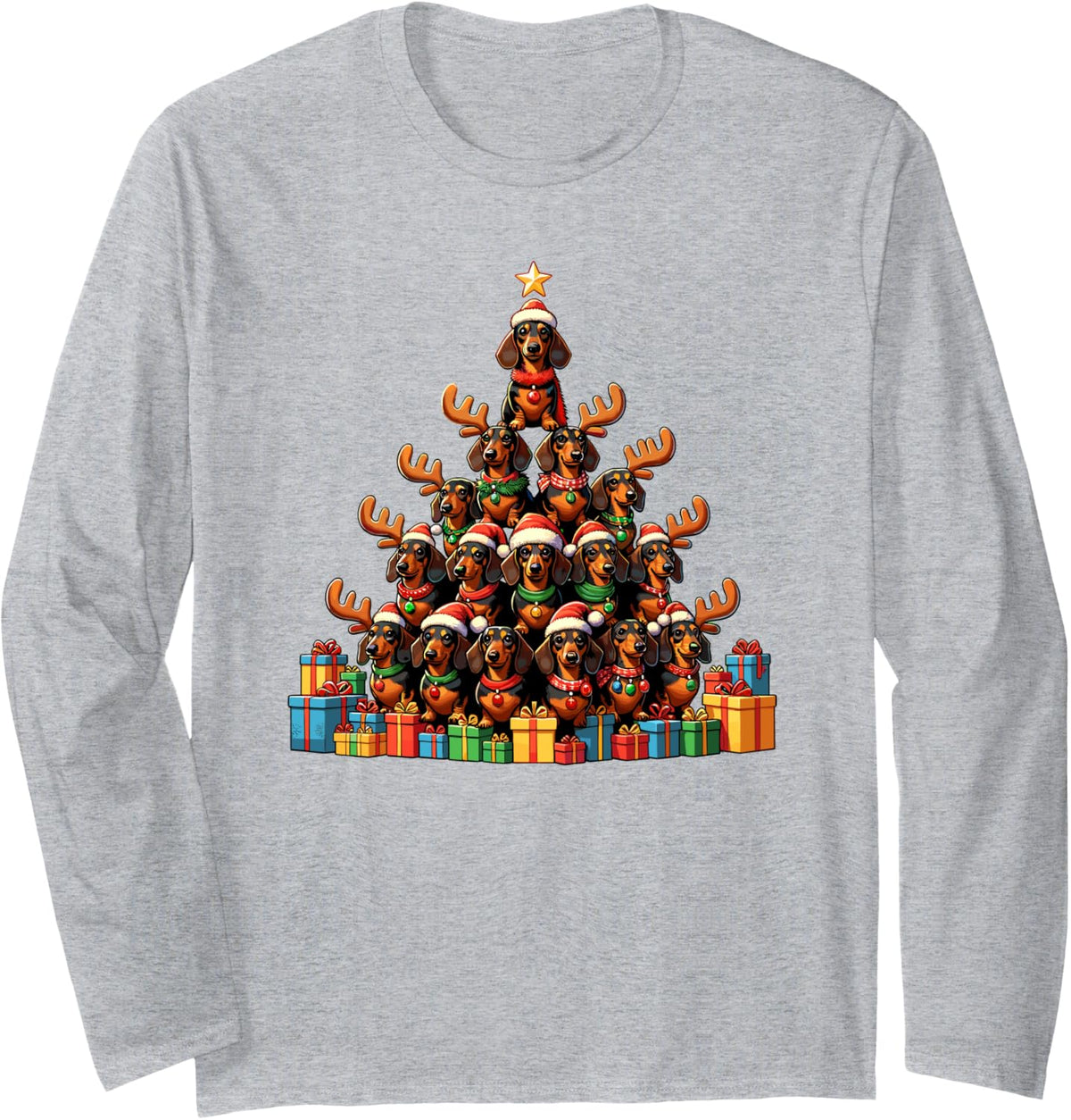 Christmas Tree Dachshund Dog Dachshunds Doxie Long Sleeve T-Shirt - Adult Unisex Heather Grey