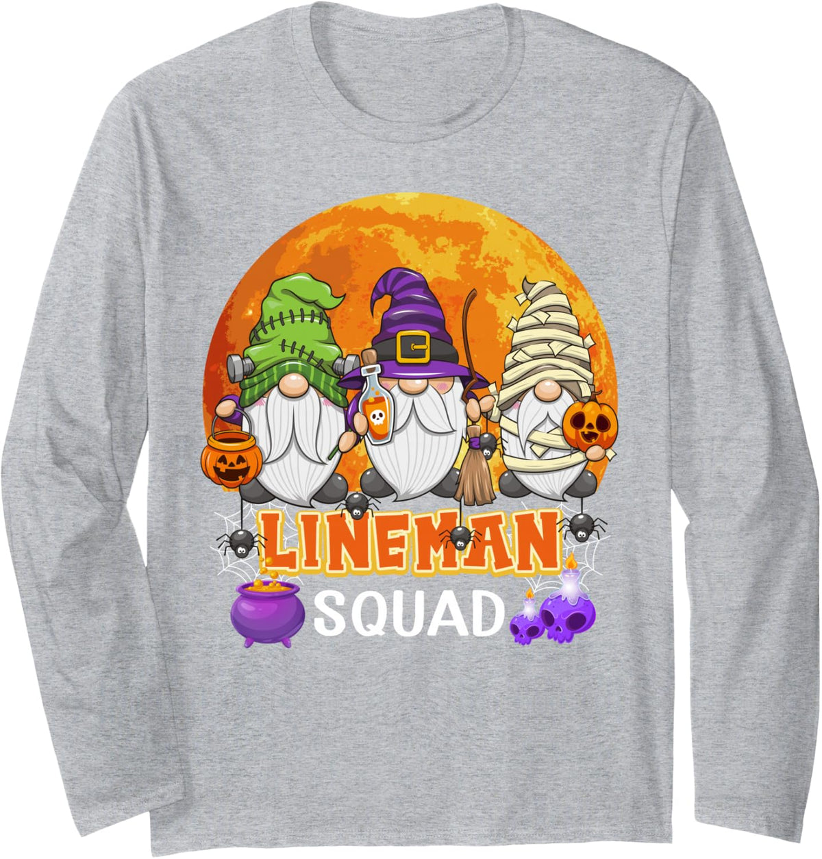 Lineman Squad Halloween Wireman Gnome Matching Long Sleeve T-Shirt - Adult Unisex Heather Grey