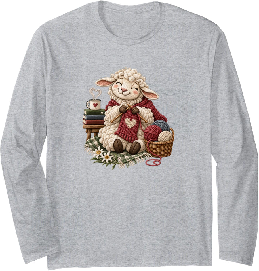 Knitting Sheep Wool Handmade Knitting Motif Long Sleeve T-Shirt - Adult Unisex Heather Grey