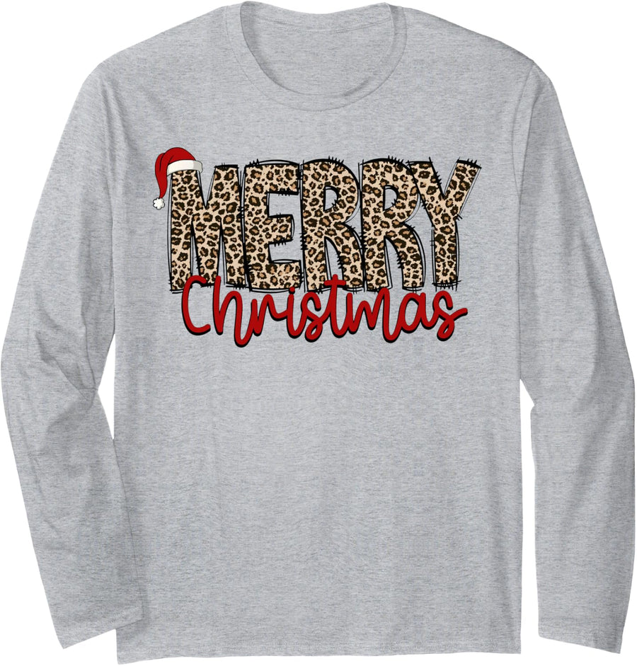 Merry Christmas Leopard Santa Hat Cheetah Print Xmas Pajamas Long Sleeve T-Shirt - Adult Unisex Heather Grey
