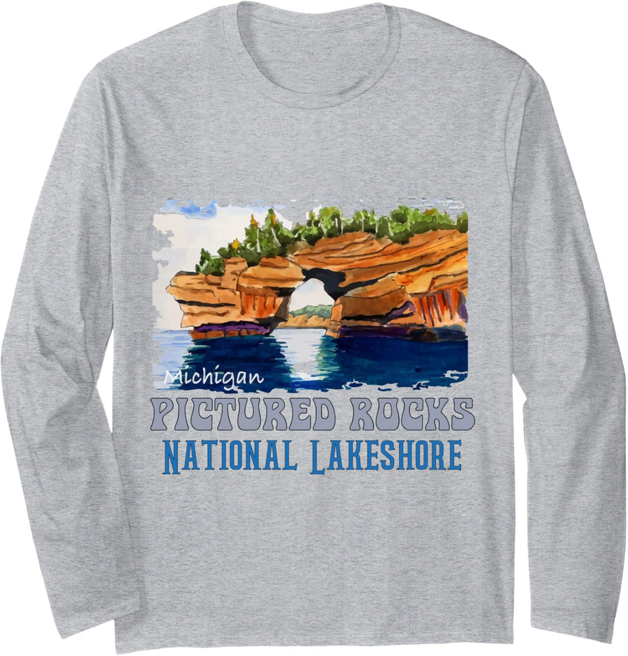 Pictured Rocks Lakeshore US state of Michigan Vintage parks Long Sleeve T-Shirt - Adult Unisex Heather Grey
