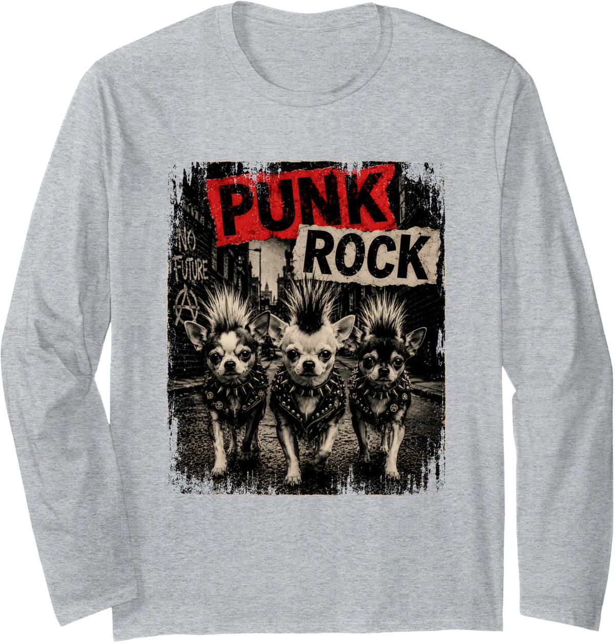 Punk Rock Chihuahua Street Style Dogs Mohawk Spiked Collar Long Sleeve T-Shirt - Adult Unisex Heather Grey