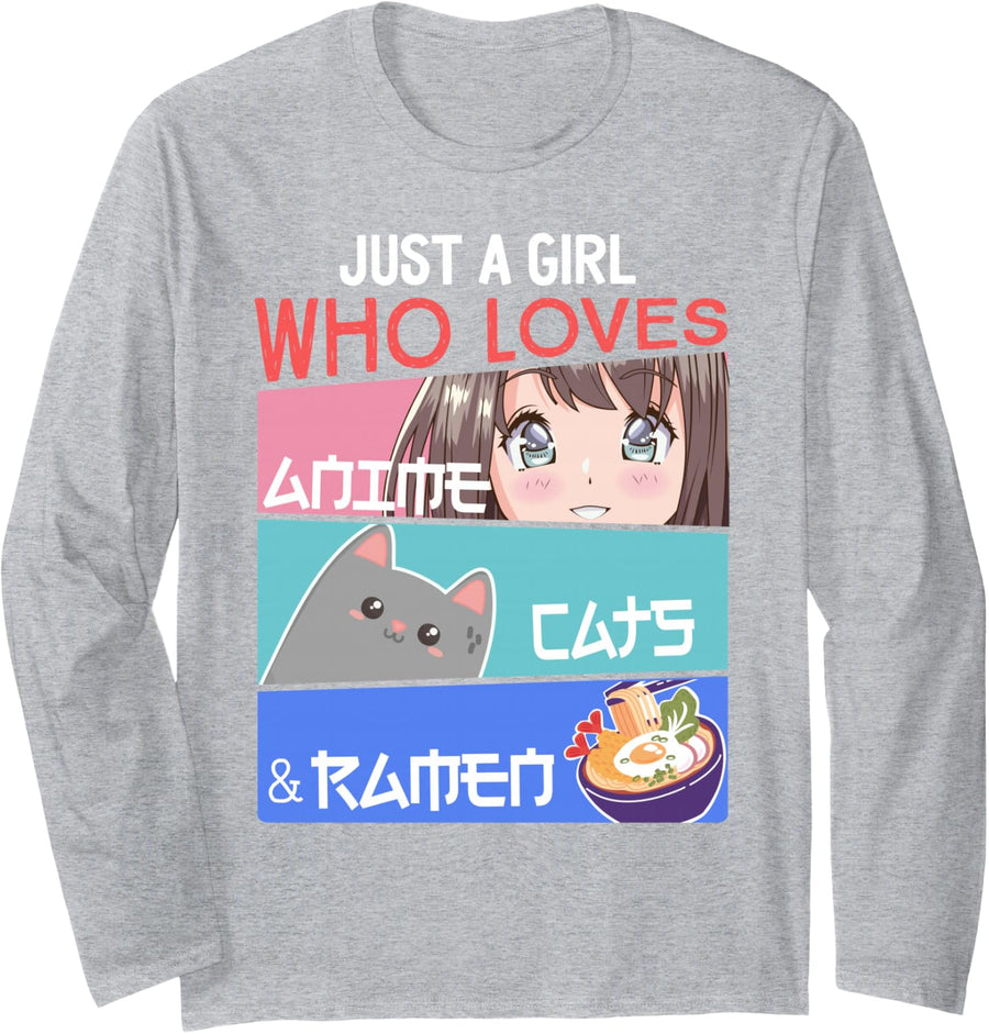 Just A Girl Who Loves Anime Cats & Ramen Lover Kawaii Otaku Long Sleeve T-Shirt - Adult Unisex Heather Grey