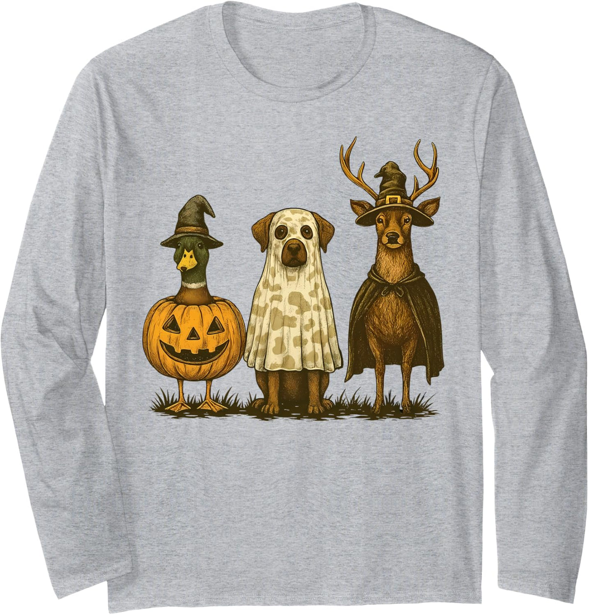 Retro Mallard Dog Deer Hunting Season Camo Halloween Costume Long Sleeve T-Shirt - Adult Unisex Heather Grey