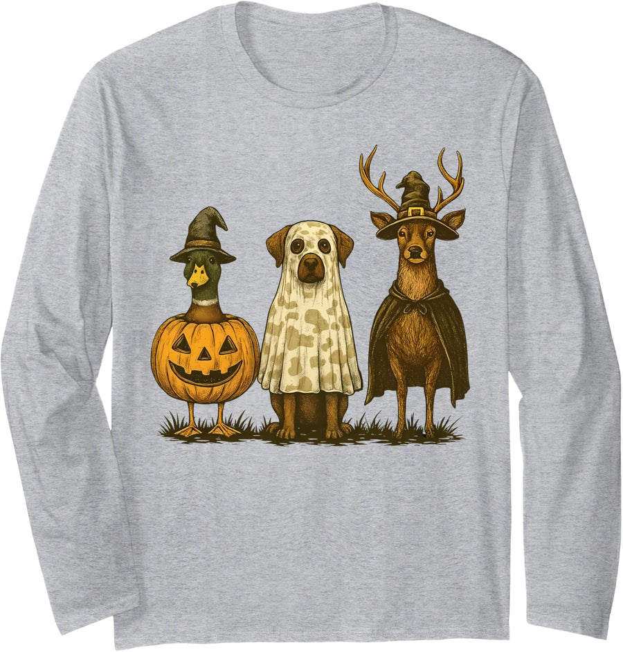 Retro Mallard Dog Deer Hunting Season Camo Halloween Costume Long Sleeve T-Shirt - Adult Unisex Heather Grey