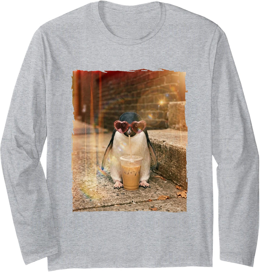 Cool Retro Bubble Tea Sunglasses Penguin Long Sleeve T-Shirt - Adult Unisex Heather Grey