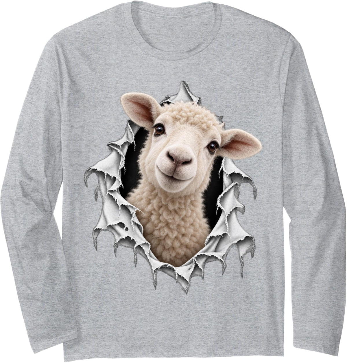 Cute Sheep Crawling Out of Ripped Design Long Sleeve T-Shirt - Adult Unisex Heather Grey