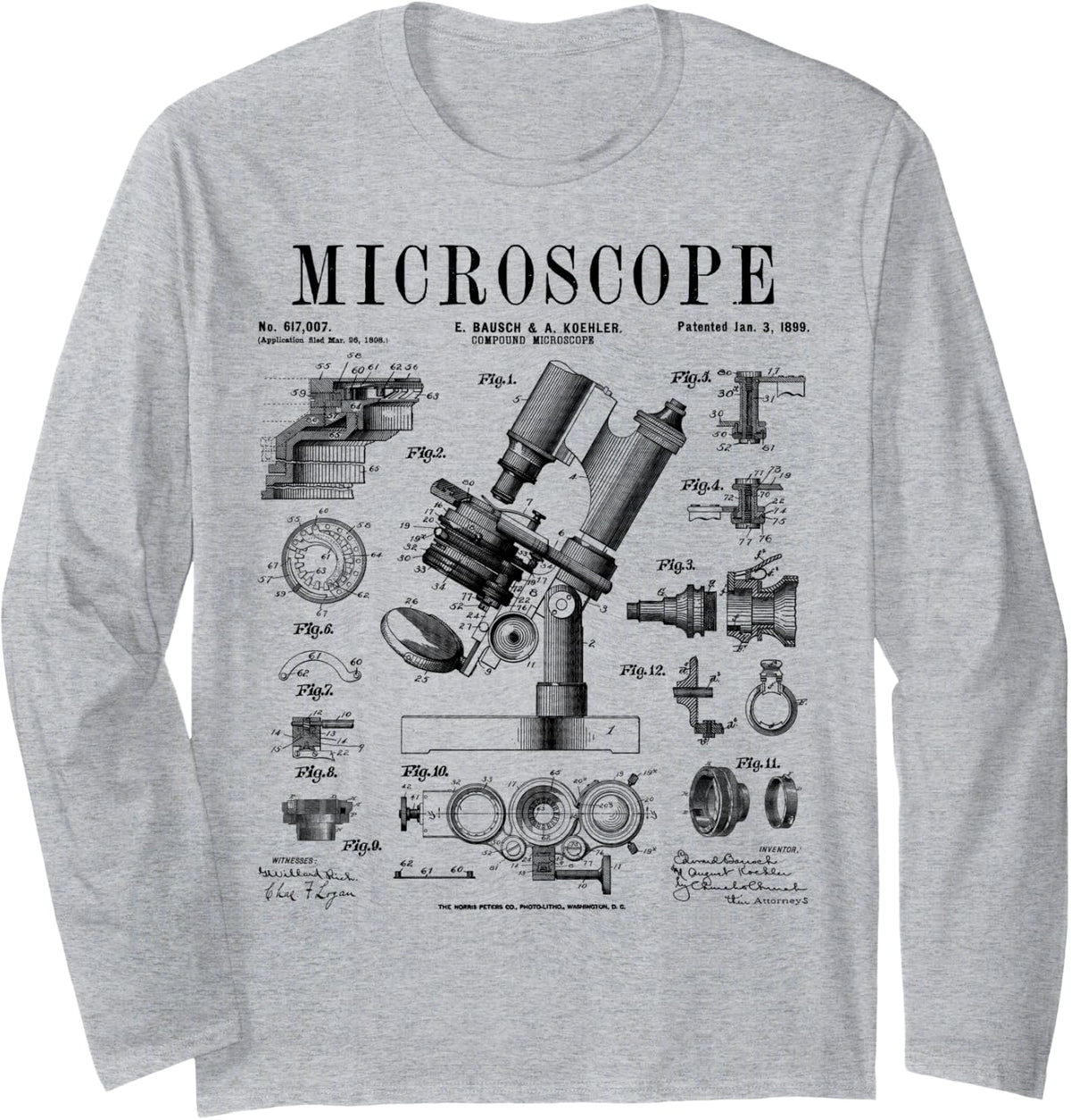 Microscope Biologist Science Vintage Patent Drawing Print Long Sleeve T-Shirt - Adult Unisex Heather Grey