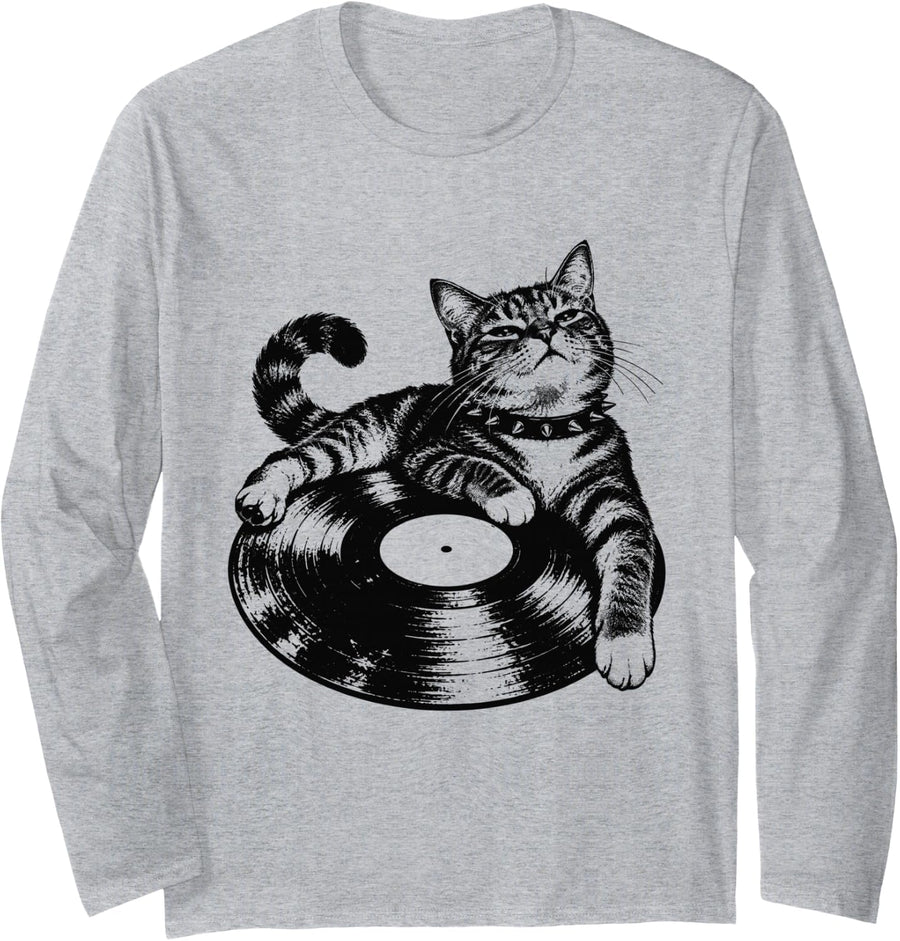 Sassy Punk Cat Relaxing 2000s Y2k Grunge Aesthetic Graphic Long Sleeve T-Shirt - Adult Unisex Heather Grey