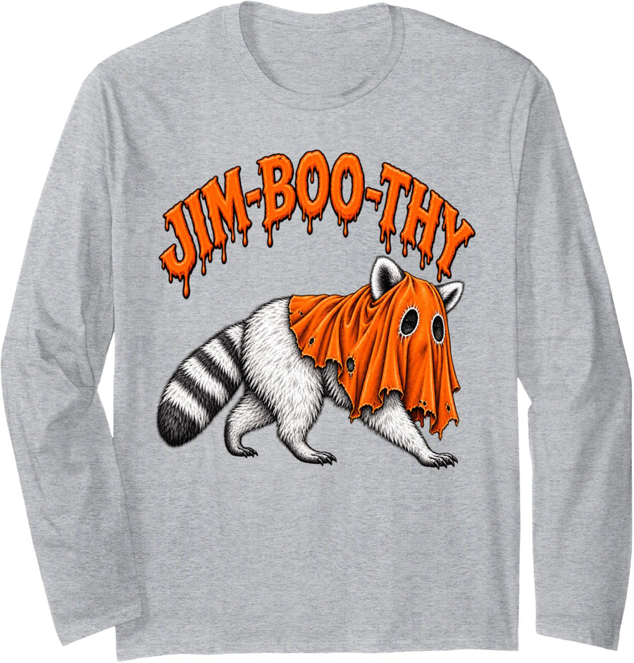 Jim-Boo-Thy Ghost Raccoon Halloween Spooky Costume Long Sleeve T-Shirt - Adult Unisex Heather Grey