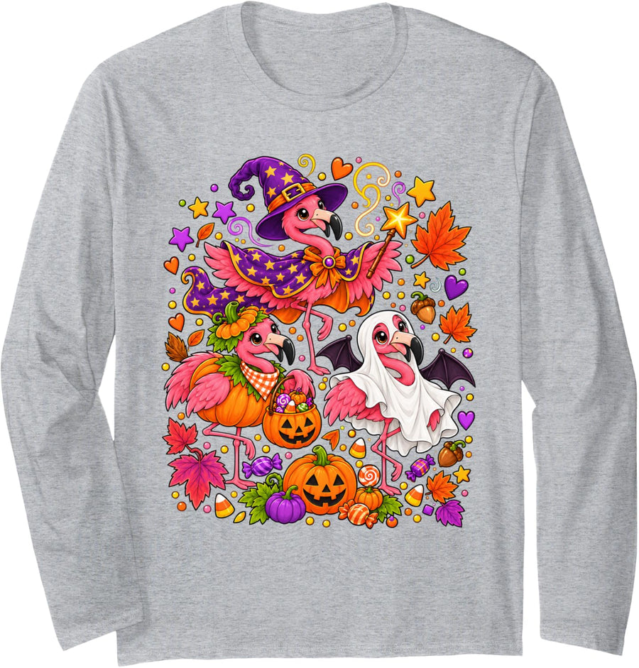 Flamingo Halloween Witch Ghost Pumpkin Costume Long Sleeve T-Shirt - Adult Unisex Heather Grey