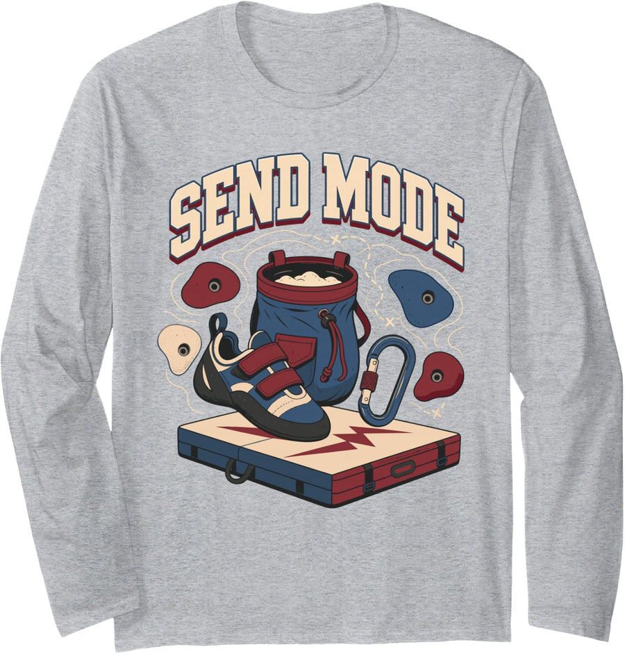 Send Mode Climbing Bouldering Retro Long Sleeve T-Shirt - Adult Unisex Heather Grey