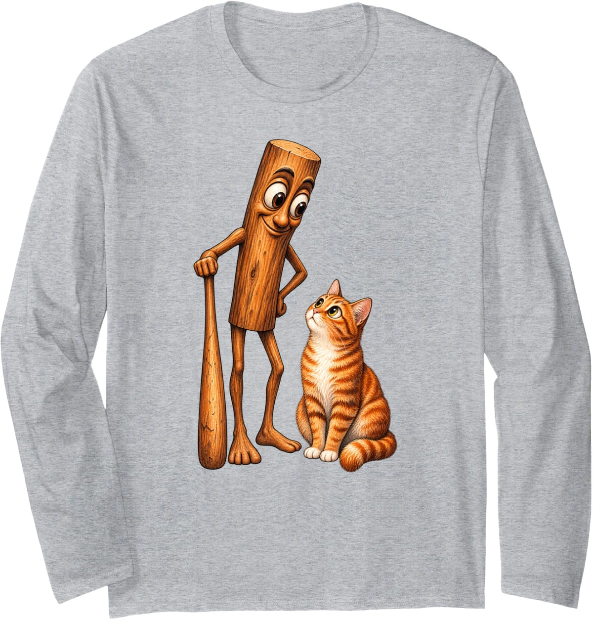 Funny Tabby Cat Cartoon Log Character Kids Long Sleeve T-Shirt - Adult Unisex Heather Grey