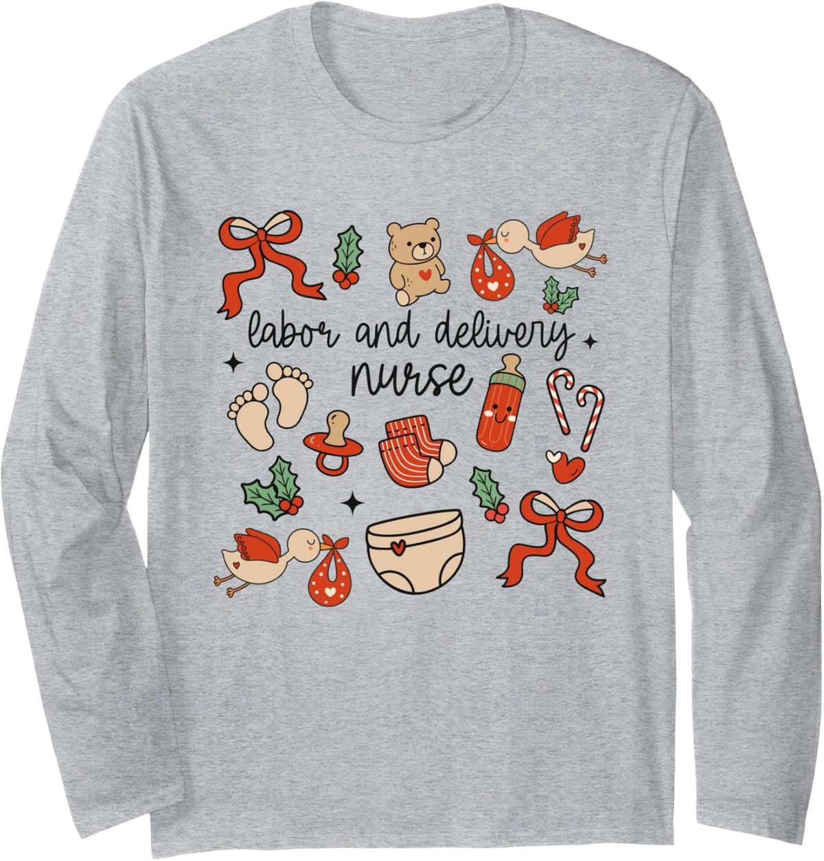 Women Labor and Delivery Nurse Christmas Coquette L&D RN LPN Long Sleeve T-Shirt - Adult Unisex Heather Grey
