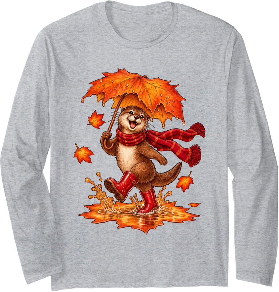 Fall Otter with Maple Leaf Umbrella and Autumn Puddle Long Sleeve T-Shirt - Adult Unisex Heather Grey