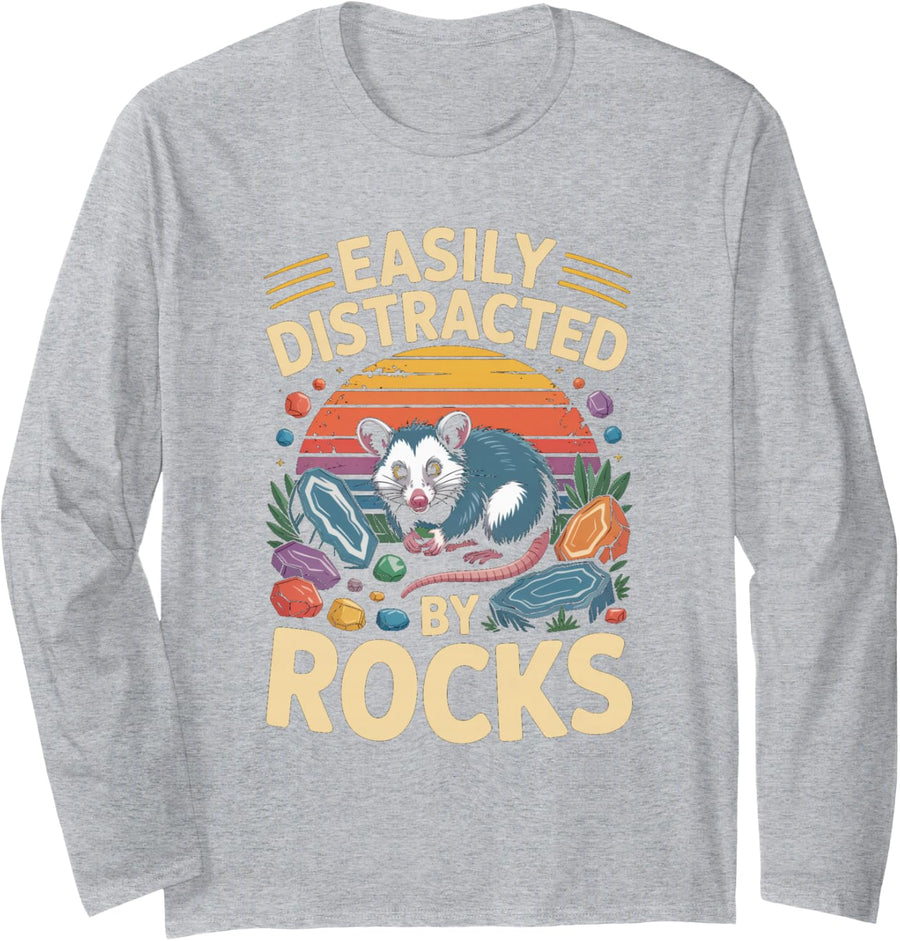 Easily Distracted By Rocks Possum Rockhound Long Sleeve T-Shirt - Adult Unisex Heather Grey