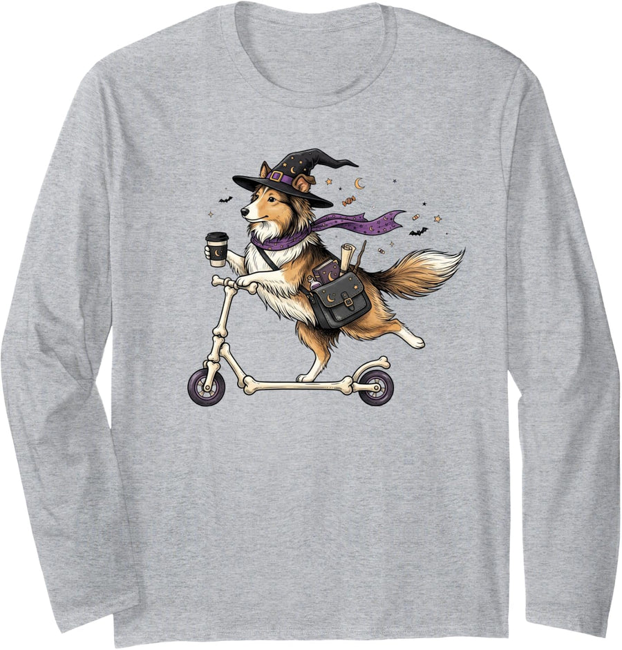 Shetland Sheepdog Scooter Witch Halloween Kids Mens Womens Long Sleeve T-Shirt - Adult Unisex Heather Grey