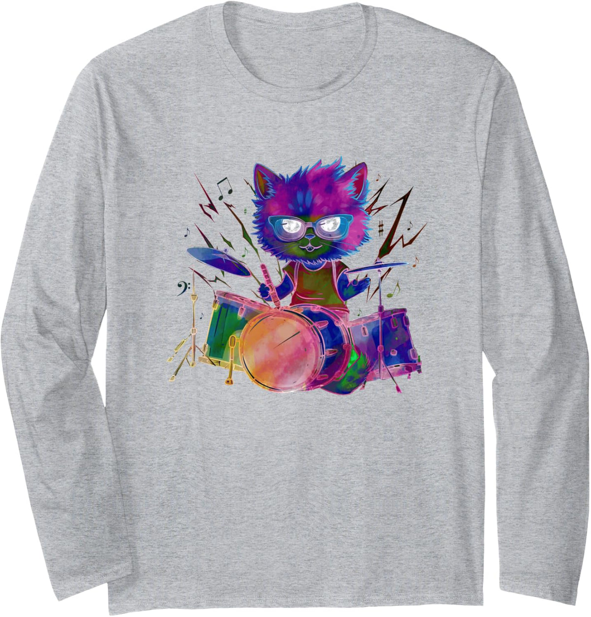 Colorful Cat Playing Drum Sunglasses Music Drummer Drumming Long Sleeve T-Shirt - Adult Unisex Heather Grey