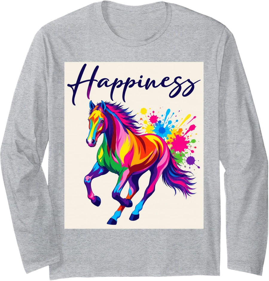 Happiness Colorful Horse Rider Lover Long Sleeve T-Shirt - Adult Unisex Heather Grey