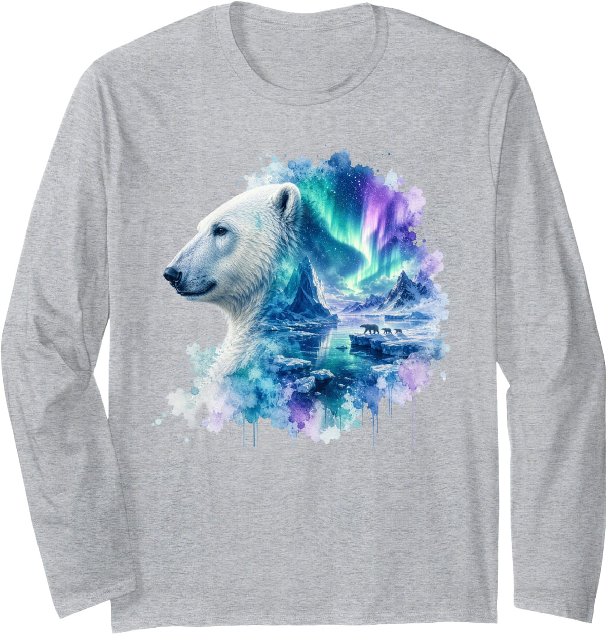Polar Bear Family Arctic Celestial Glow Watercolor Long Sleeve T-Shirt - Adult Unisex Heather Grey