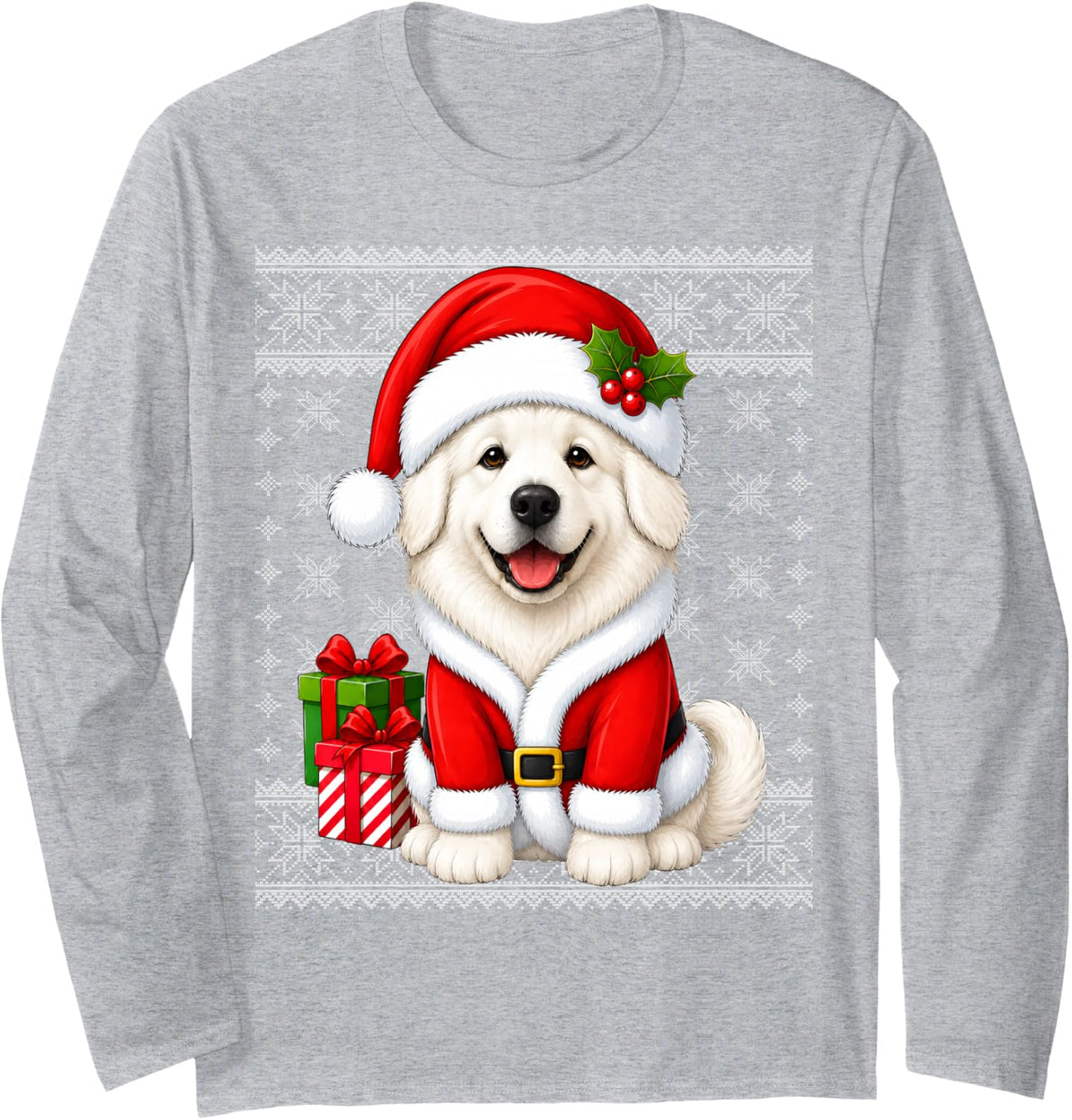 Great Pyrenees Dog in Christmas Santa Costume Ugly Xmas Long Sleeve T-Shirt - Adult Unisex Heather Grey