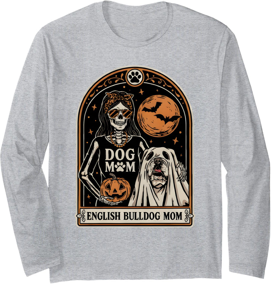 English Bulldog Mom Skeleton Halloween Dog Tarot Card Long Sleeve T-Shirt - Adult Unisex Heather Grey