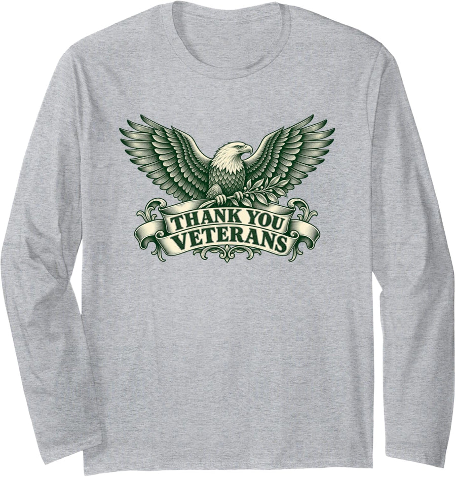 Thank You Veterans Bald Eagle Olive Branch Patriotic Honor Long Sleeve T-Shirt - Adult Unisex Heather Grey